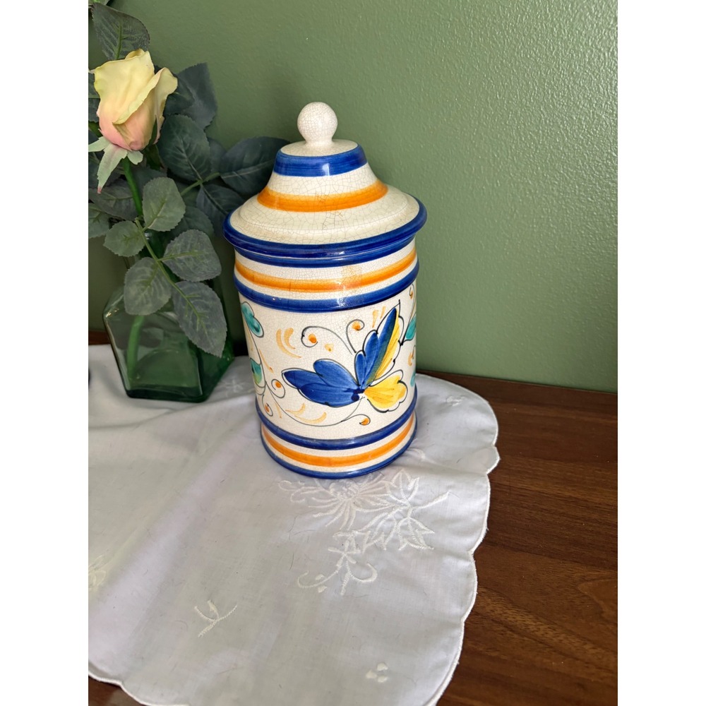 Vintage Majolica Style Lidded Canister Hand Painted Ceramic Floral Jar